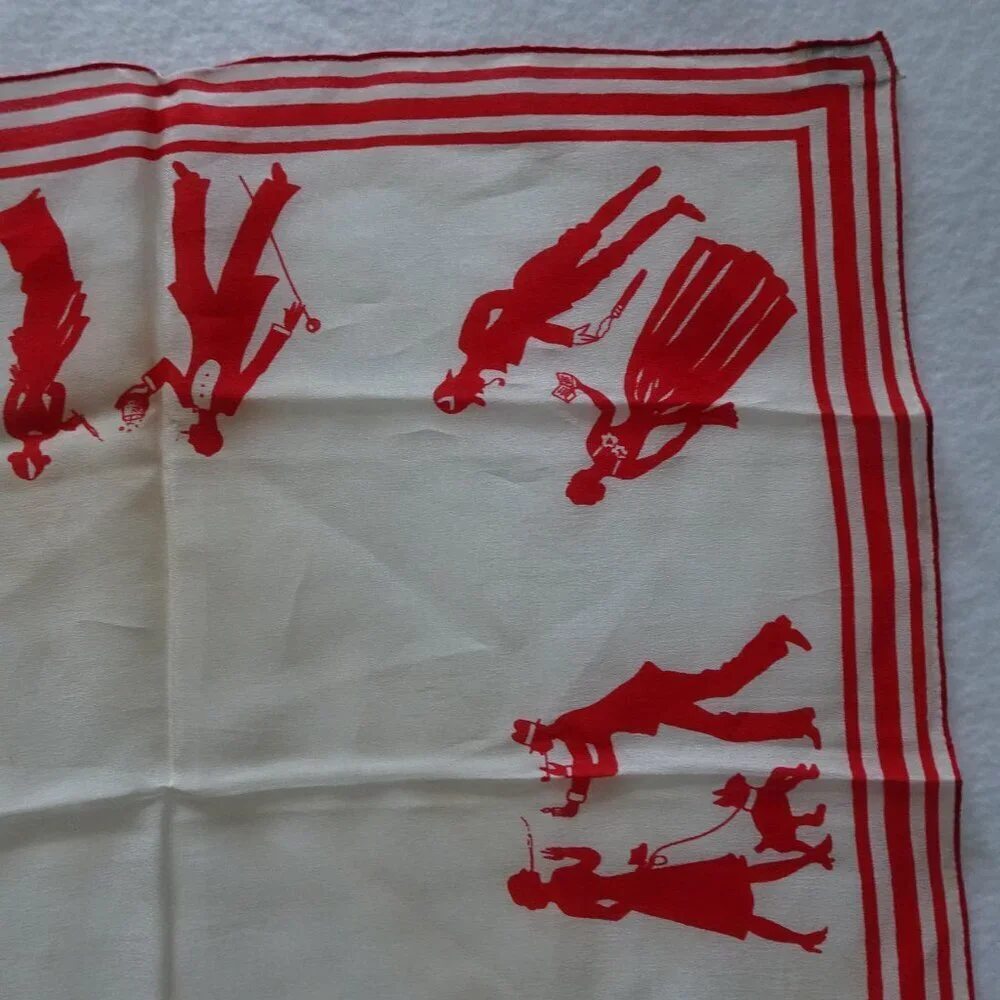 Vintage Silk Sally Gee Scarf 16 x 16 White Red Man & Woman Art Deco Theme